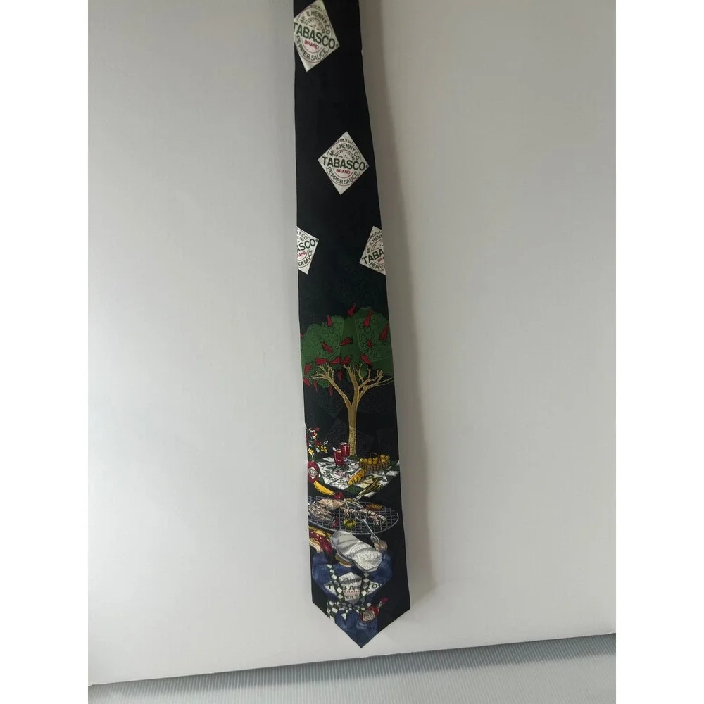 Tabasco Mens Silk Necktie‎ Black Novelty BBQ Grilling Hot Sauce Logo Print Tie